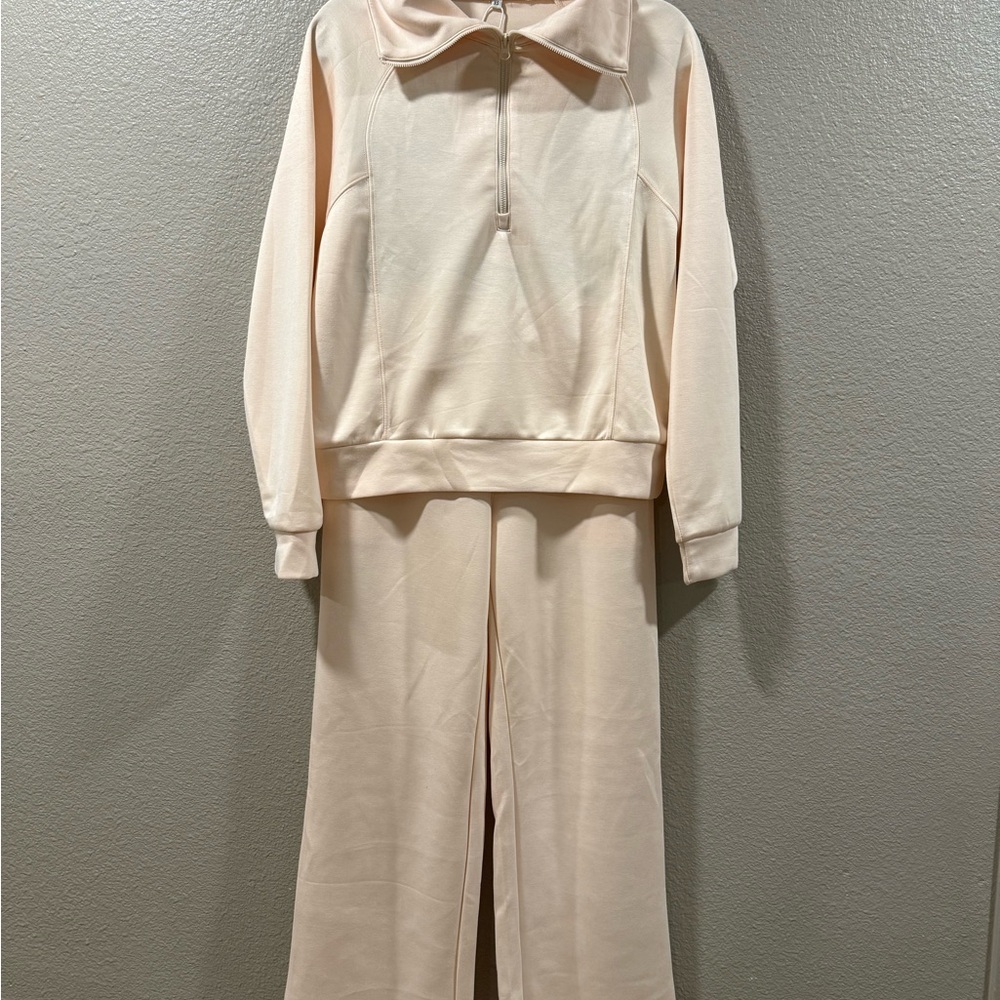 The ANRABESS Women's Beige Knit Collared Zip Sweater & Wide-Leg Pants Set in XS